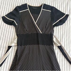 BCBGMaxAzria Black Polka Dot Midi Dress with Cream Trim